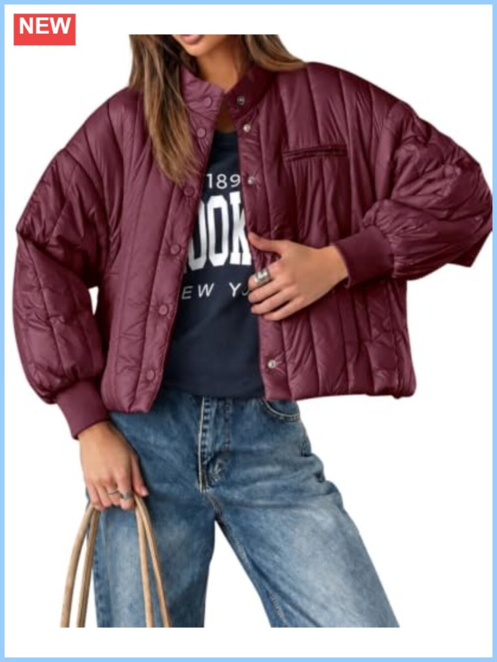 Quilted Lightweight Puffer Jacket Button Down Stand Collar Cropped Coat